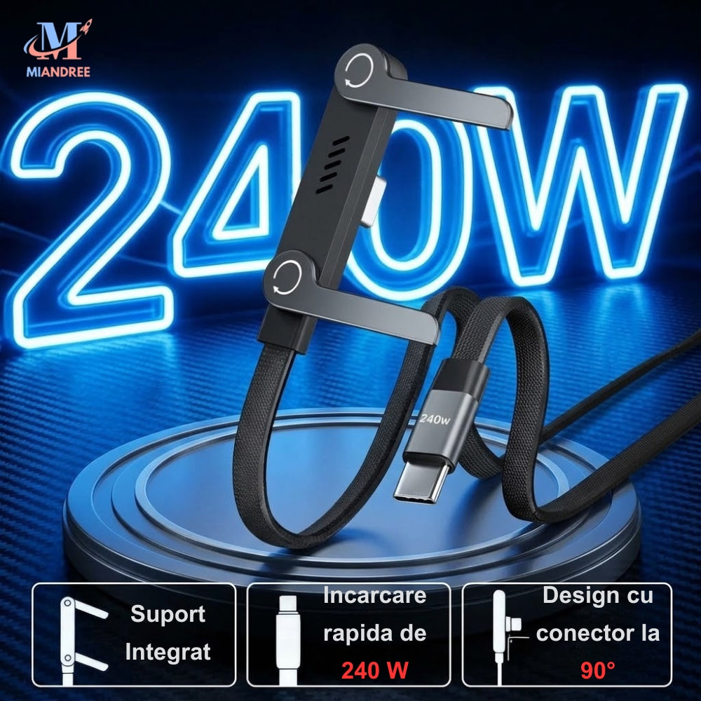 Cablu USB-C 240W MIANDREE® - Suport Pliabil Integrat, 1.5 m, Negru