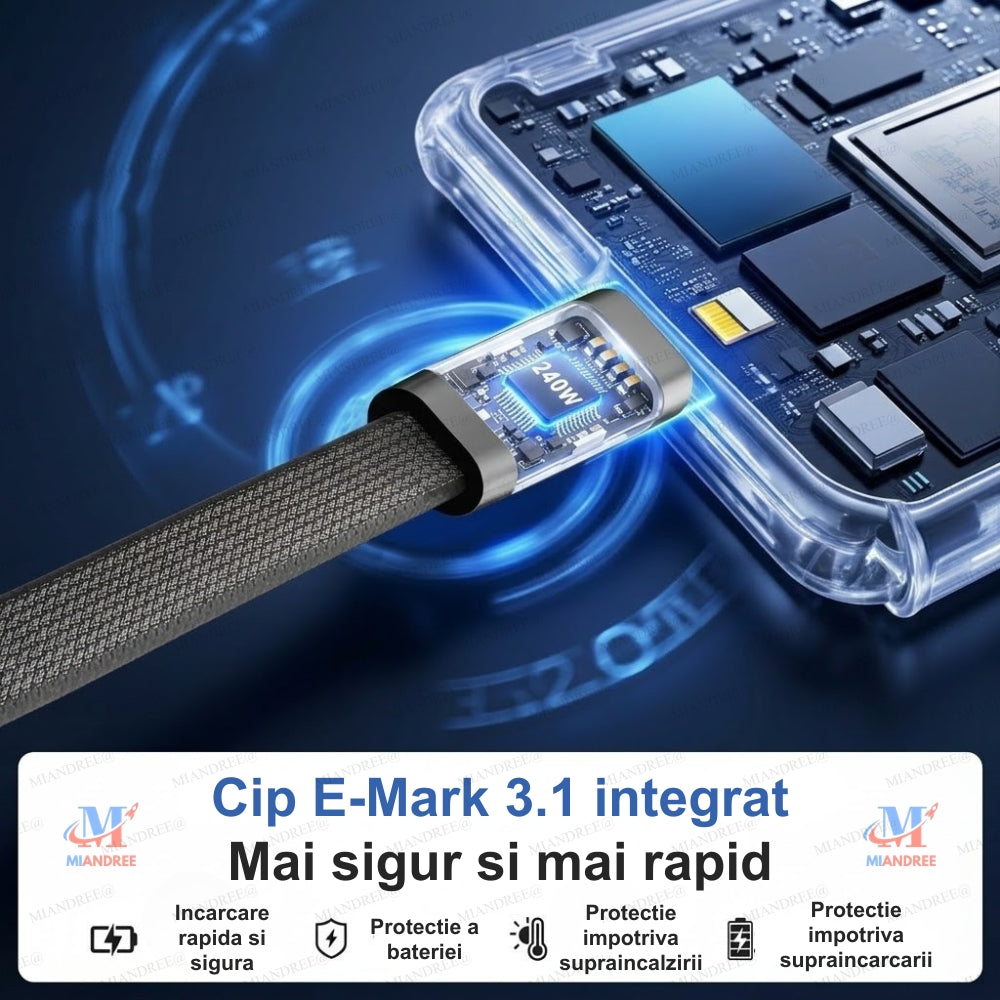 Cablu USB-C 240W MIANDREE® - Suport Pliabil Integrat, 1.5 m, Negru