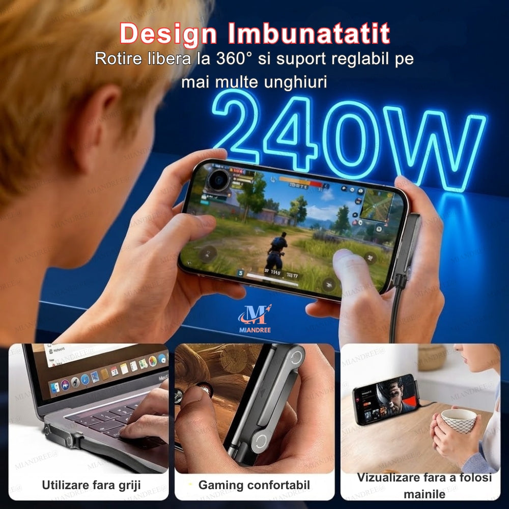 Cablu USB-C 240W MIANDREE® - Suport Pliabil Integrat, 1.5 m, Negru