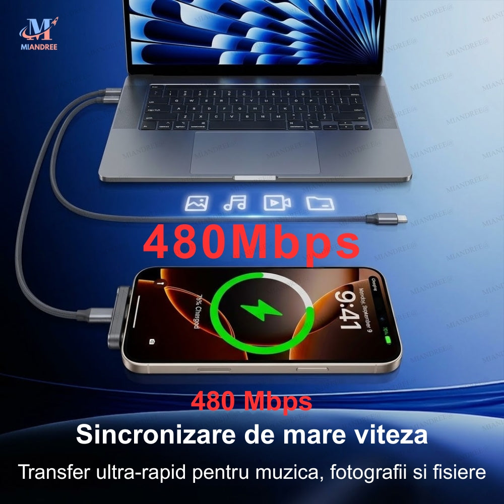 Cablu USB-C 240W MIANDREE® - Suport Pliabil Integrat, 1.5 m, Negru
