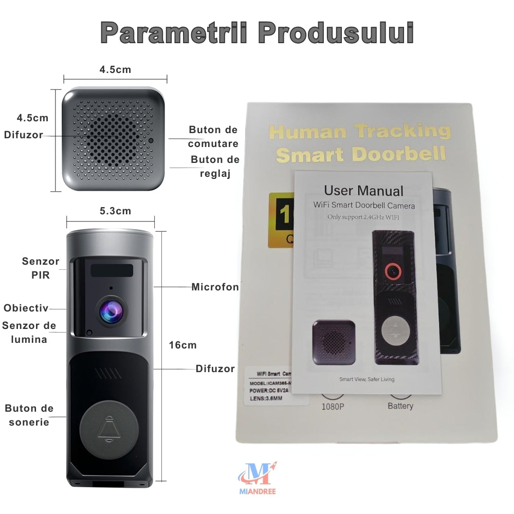 Sonerie Video Inteligenta pentru Usa/Poarta Wi-Fi MIANDREE, 1080P HD, Autonomie 90 de zile, Audio Bidirectional, Camera HD, Aplicatie Telefon & Senzor Miscare
