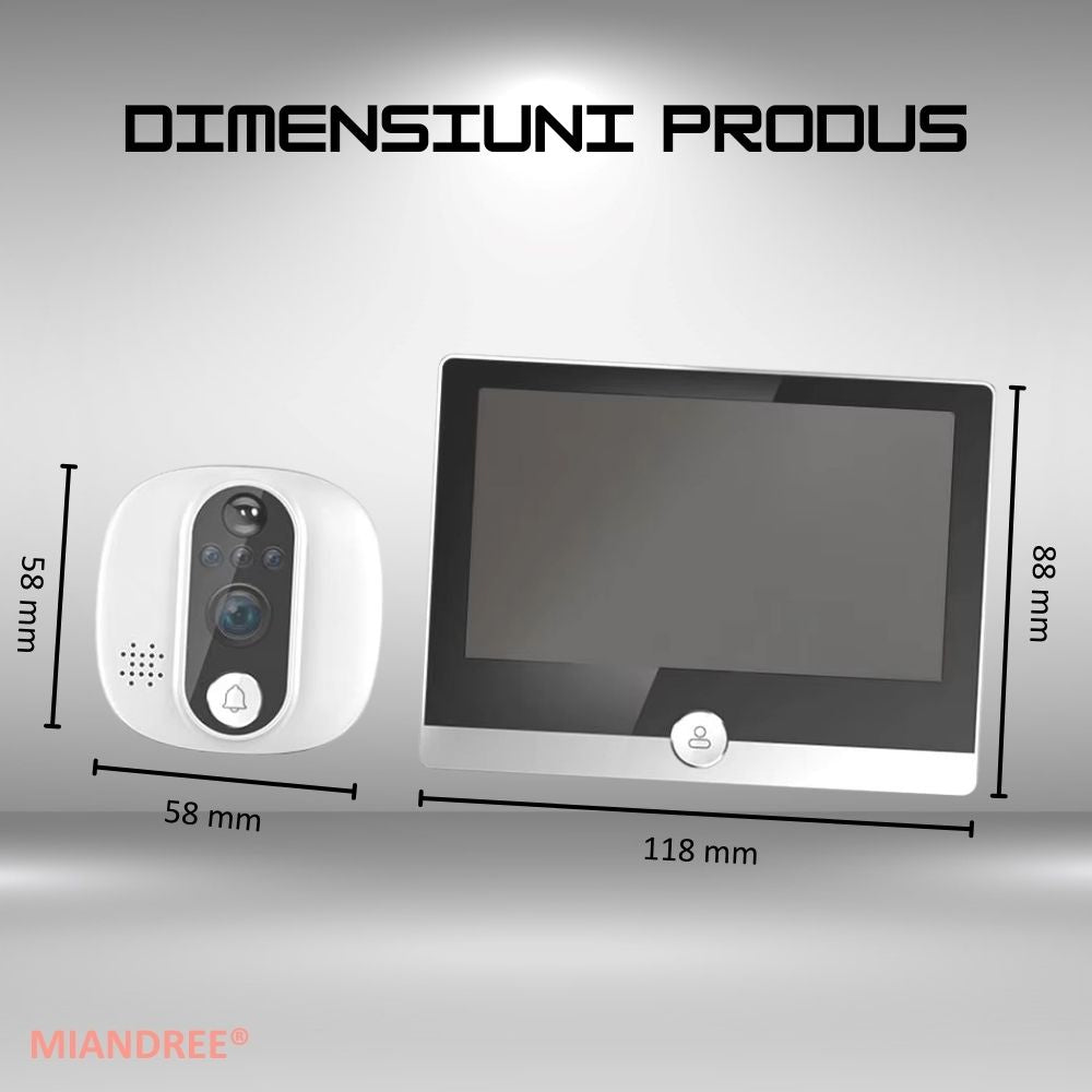 Vizor Electronic Inteligent Wi-Fi, MIANDREE®, Camera 1080P HD, Ecran LCD 4.3 Inch, Senzor Miscare, Audio Bidirectional, Vizualizare Nocturna, Aplicatie Telefon Android/iOS, Baterie Reincarcabila 5000mAh, Instalare Usoara, Supraveghere Sigura, Argintiu