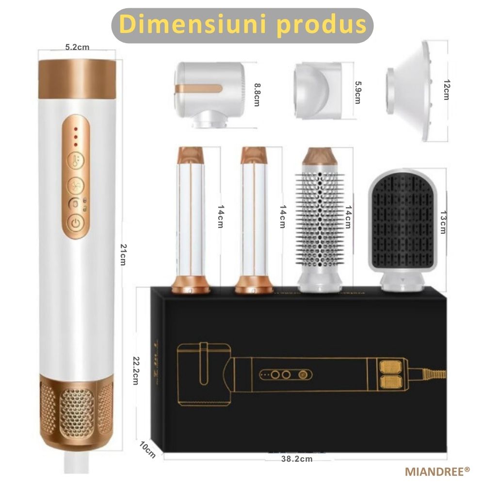 Set Uscator de Par 7 in 1 MIANDREE®, 1400W, Ondulator cu Absorbtie Automata, Difuzor, Perie Indreptare, 3 Viteze, 3 Trepte de Temperatura, 200 Milioane Ioni Negativi pentru Par Stralucitor, 2 Capete Ondulare, Duza Netezire