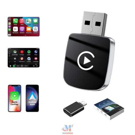 Adaptor Wireless Apple CarPlay & Android Auto MIANDREE®, Plug & Play, Compatibil CarPlay Original, Control Vocal Siri/Google, Bluetooth 5.3, Reconectare Automata, USB Type-A & Type-C, Mini Adaptor Auto Negru