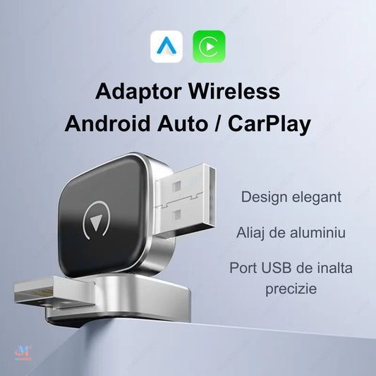 Adaptor Wireless Apple CarPlay & Android Auto MIANDREE®, Plug & Play, Compatibil CarPlay Original, Control Vocal Siri/Google, Bluetooth 5.3, Reconectare Automata, USB Type-A & Type-C, Mini Adaptor Auto Negru