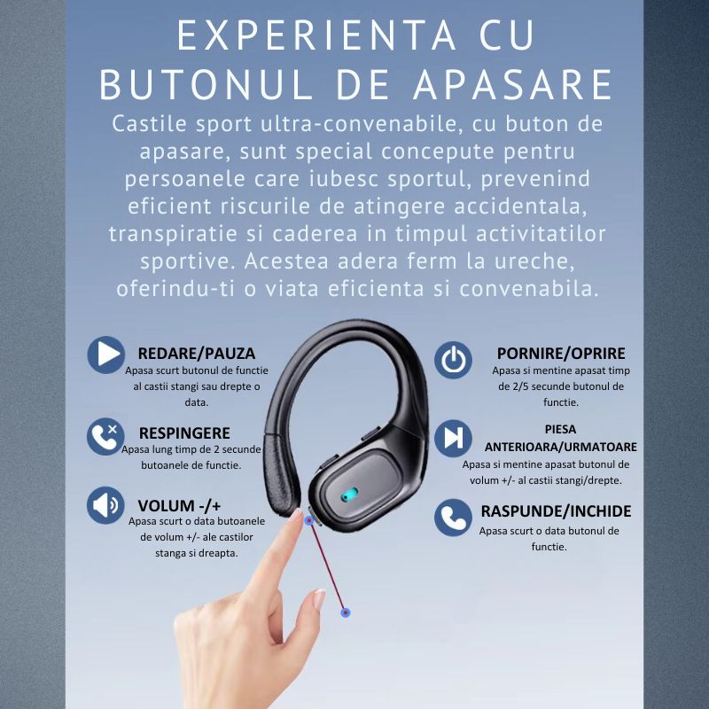 Casti Wireless Sport, MIANDREE® ActiveBuds, True Wireless, Bluetooth 5.3, In-Ear, Microfon Handsfree, Anulare Zgomot, Voice Assistant, Autonomie 40 Ore, Rezistente la Transpiratie, Afisaj LED, Negru