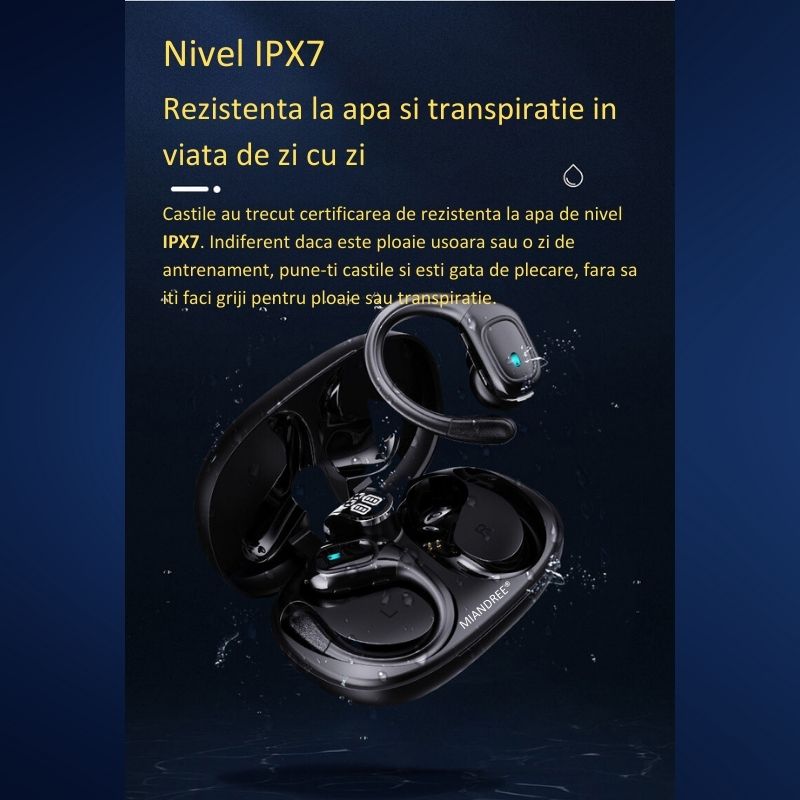 Casti Wireless Sport, MIANDREE® ActiveBuds, True Wireless, Bluetooth 5.3, In-Ear, Microfon Handsfree, Anulare Zgomot, Voice Assistant, Autonomie 40 Ore, Rezistente la Transpiratie, Afisaj LED, Negru
