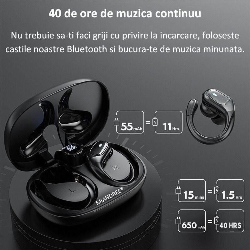 Casti Wireless Sport, MIANDREE® ActiveBuds, True Wireless, Bluetooth 5.3, In-Ear, Microfon Handsfree, Anulare Zgomot, Voice Assistant, Autonomie 40 Ore, Rezistente la Transpiratie, Afisaj LED, Negru