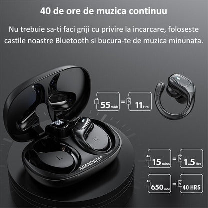 Casti Wireless Sport, MIANDREE® ActiveBuds, True Wireless, Bluetooth 5.3, In-Ear, Microfon Handsfree, Anulare Zgomot, Voice Assistant, Autonomie 40 Ore, Rezistente la Transpiratie, Afisaj LED, Negru