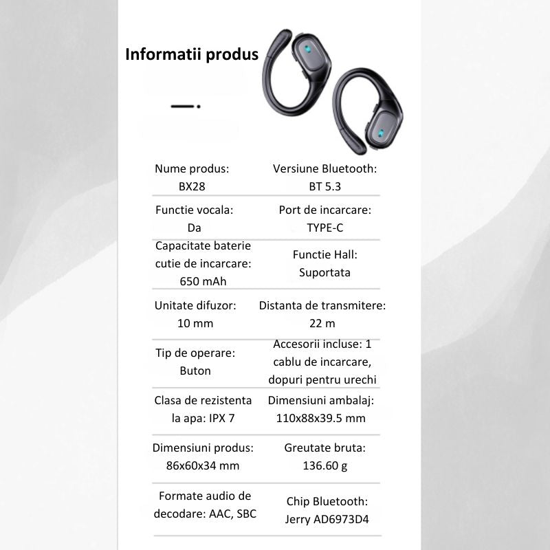 Casti Wireless Sport, MIANDREE® ActiveBuds, True Wireless, Bluetooth 5.3, In-Ear, Microfon Handsfree, Anulare Zgomot, Voice Assistant, Autonomie 40 Ore, Rezistente la Transpiratie, Afisaj LED, Negru