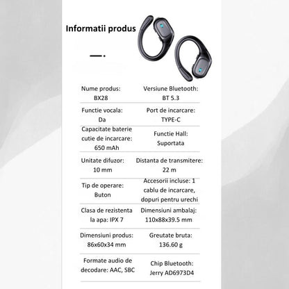 Casti Wireless Sport, MIANDREE® ActiveBuds, True Wireless, Bluetooth 5.3, In-Ear, Microfon Handsfree, Anulare Zgomot, Voice Assistant, Autonomie 40 Ore, Rezistente la Transpiratie, Afisaj LED, Negru