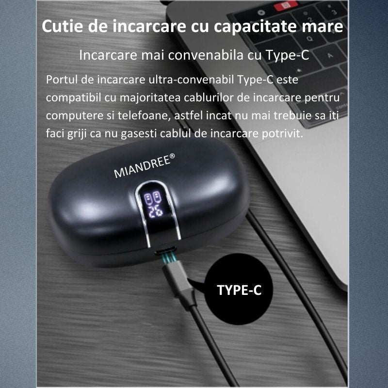 Casti Wireless Sport, MIANDREE® ActiveBuds, True Wireless, Bluetooth 5.3, In-Ear, Microfon Handsfree, Anulare Zgomot, Voice Assistant, Autonomie 40 Ore, Rezistente la Transpiratie, Afisaj LED, Negru