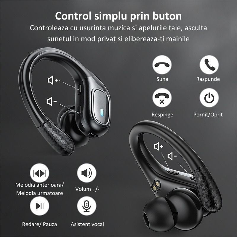 Casti Wireless Sport, MIANDREE® ActiveBuds, True Wireless, Bluetooth 5.3, In-Ear, Microfon Handsfree, Anulare Zgomot, Voice Assistant, Autonomie 40 Ore, Rezistente la Transpiratie, Afisaj LED, Negru
