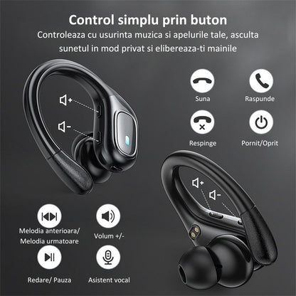 Casti Wireless Sport, MIANDREE® ActiveBuds, True Wireless, Bluetooth 5.3, In-Ear, Microfon Handsfree, Anulare Zgomot, Voice Assistant, Autonomie 40 Ore, Rezistente la Transpiratie, Afisaj LED, Negru