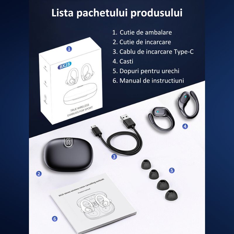 Casti Wireless Sport, MIANDREE® ActiveBuds, True Wireless, Bluetooth 5.3, In-Ear, Microfon Handsfree, Anulare Zgomot, Voice Assistant, Autonomie 40 Ore, Rezistente la Transpiratie, Afisaj LED, Negru