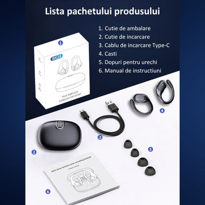 Casti Wireless Sport, MIANDREE® ActiveBuds, True Wireless, Bluetooth 5.3, In-Ear, Microfon Handsfree, Anulare Zgomot, Voice Assistant, Autonomie 40 Ore, Rezistente la Transpiratie, Afisaj LED, Negru
