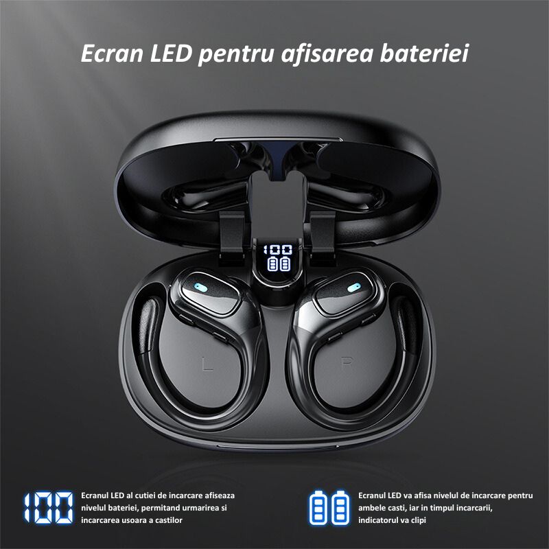 Casti Wireless Sport, MIANDREE® ActiveBuds, True Wireless, Bluetooth 5.3, In-Ear, Microfon Handsfree, Anulare Zgomot, Voice Assistant, Autonomie 40 Ore, Rezistente la Transpiratie, Afisaj LED, Negru
