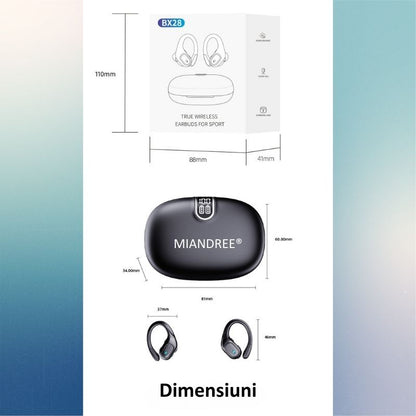 Casti Wireless Sport, MIANDREE® ActiveBuds, True Wireless, Bluetooth 5.3, In-Ear, Microfon Handsfree, Anulare Zgomot, Voice Assistant, Autonomie 40 Ore, Rezistente la Transpiratie, Afisaj LED, Negru