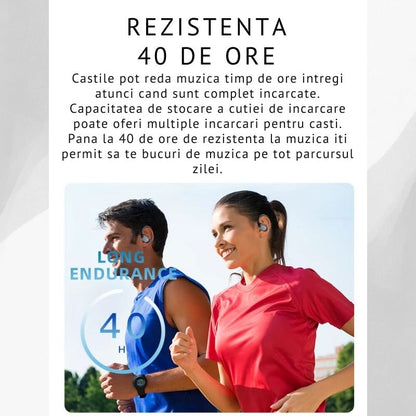 Casti Wireless Sport, MIANDREE® ActiveBuds, True Wireless, Bluetooth 5.3, In-Ear, Microfon Handsfree, Anulare Zgomot, Voice Assistant, Autonomie 40 Ore, Rezistente la Transpiratie, Afisaj LED, Negru