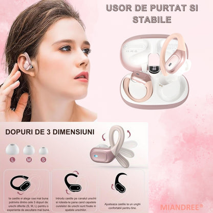 Casti Wireless Sport, MIANDREE® ActiveBuds, True Wireless, Bluetooth 5.3, In-Ear, Microfon Handsfree, Anulare Zgomot, Voice Assistant, Autonomie 40 Ore, Rezistente la Transpiratie, Afisaj LED, Roz