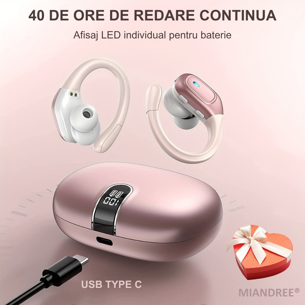 Casti Wireless Sport, MIANDREE® ActiveBuds, True Wireless, Bluetooth 5.3, In-Ear, Microfon Handsfree, Anulare Zgomot, Voice Assistant, Autonomie 40 Ore, Rezistente la Transpiratie, Afisaj LED, Roz