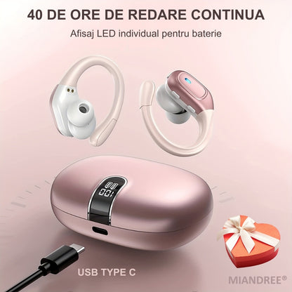 Casti Wireless Sport, MIANDREE® ActiveBuds, True Wireless, Bluetooth 5.3, In-Ear, Microfon Handsfree, Anulare Zgomot, Voice Assistant, Autonomie 40 Ore, Rezistente la Transpiratie, Afisaj LED, Roz