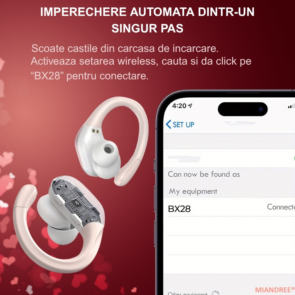 Casti Wireless Sport, MIANDREE® ActiveBuds, True Wireless, Bluetooth 5.3, In-Ear, Microfon Handsfree, Anulare Zgomot, Voice Assistant, Autonomie 40 Ore, Rezistente la Transpiratie, Afisaj LED, Roz