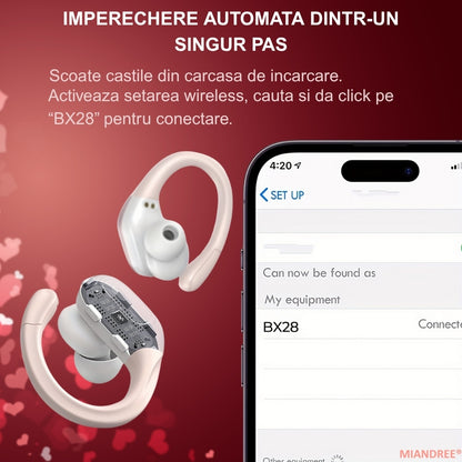 Casti Wireless Sport, MIANDREE® ActiveBuds, True Wireless, Bluetooth 5.3, In-Ear, Microfon Handsfree, Anulare Zgomot, Voice Assistant, Autonomie 40 Ore, Rezistente la Transpiratie, Afisaj LED, Roz
