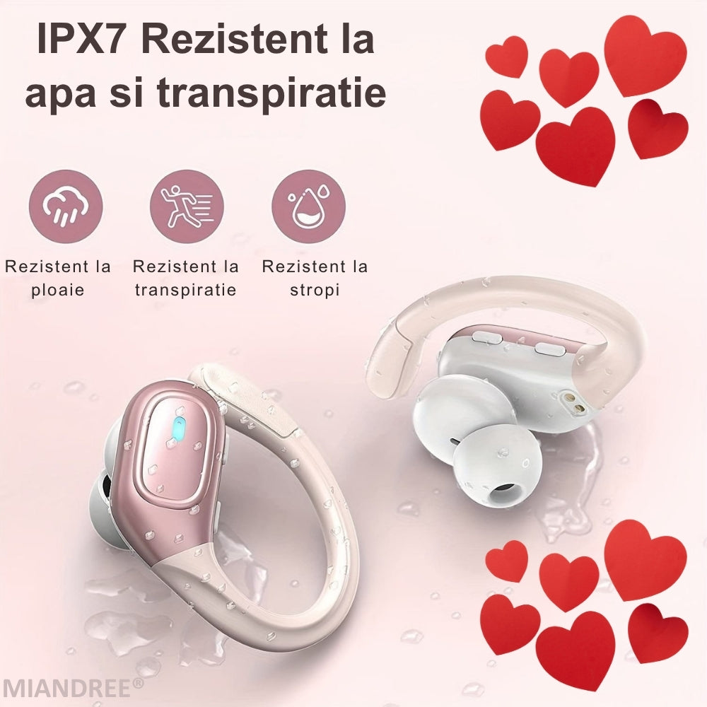 Casti Wireless Sport, MIANDREE® ActiveBuds, True Wireless, Bluetooth 5.3, In-Ear, Microfon Handsfree, Anulare Zgomot, Voice Assistant, Autonomie 40 Ore, Rezistente la Transpiratie, Afisaj LED, Roz