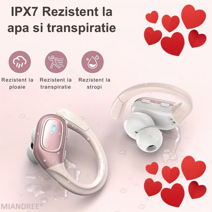 Casti Wireless Sport, MIANDREE® ActiveBuds, True Wireless, Bluetooth 5.3, In-Ear, Microfon Handsfree, Anulare Zgomot, Voice Assistant, Autonomie 40 Ore, Rezistente la Transpiratie, Afisaj LED, Roz