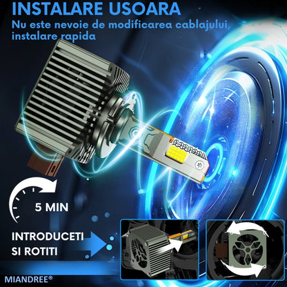 Set de 2 Becuri Faruri Conversie Hid-Led, MIANDREE®, D1S Led, Plug & Play, 12.000 lm, 110W, 6000k, 10-32V, Canbus, Miez Cupru, Radiator Aluminiu Silentios, Calitate Premium