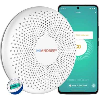 Detector Fum si Monoxid de Carbon Smart 2-in-1 Wi-Fi, MIANDREE®, Baterie 10 Ani, Alarma 85 dB, Compatibil Smart Life/Tuya, Instalare Rapida, Wireless, Ultra-Subtire, Avertizare Sonora si Luminoasa, Material antiinflamator, Alb