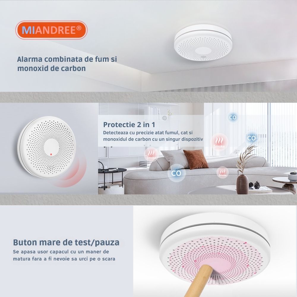 Detector Fum si Monoxid de Carbon Smart 2-in-1 Wi-Fi, MIANDREE®, Baterie 10 Ani, Alarma 85 dB, Compatibil Smart Life/Tuya, Instalare Rapida, Wireless, Ultra-Subtire, Avertizare Sonora si Luminoasa, Material antiinflamator, Alb