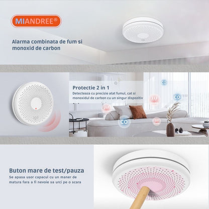 Detector Fum si Monoxid de Carbon Smart 2-in-1 Wi-Fi, MIANDREE®, Baterie 10 Ani, Alarma 85 dB, Compatibil Smart Life/Tuya, Instalare Rapida, Wireless, Ultra-Subtire, Avertizare Sonora si Luminoasa, Material antiinflamator, Alb