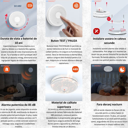 Detector Fum si Monoxid de Carbon Smart 2-in-1 Wi-Fi, MIANDREE®, Baterie 10 Ani, Alarma 85 dB, Compatibil Smart Life/Tuya, Instalare Rapida, Wireless, Ultra-Subtire, Avertizare Sonora si Luminoasa, Material antiinflamator, Alb
