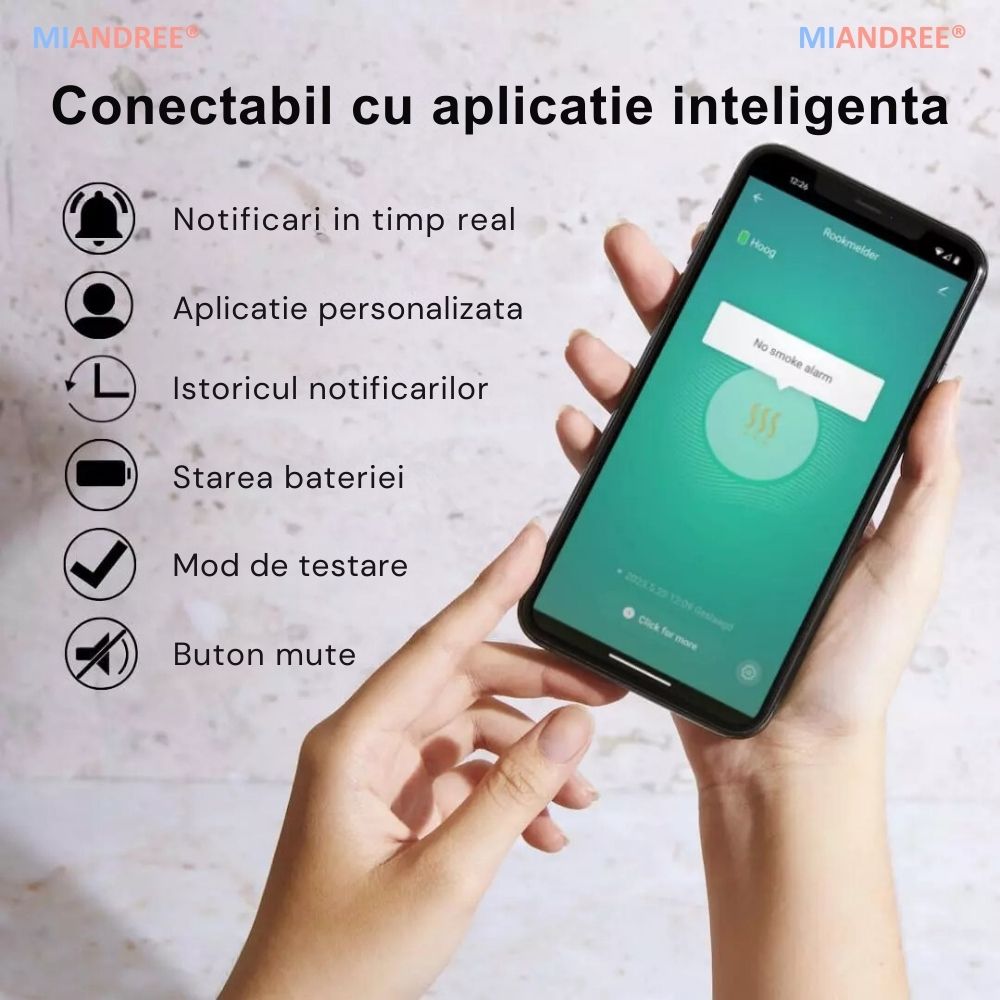 Detector Fum si Monoxid de Carbon Smart 2-in-1 Wi-Fi, MIANDREE®, Baterie 10 Ani, Alarma 85 dB, Compatibil Smart Life/Tuya, Instalare Rapida, Wireless, Ultra-Subtire, Avertizare Sonora si Luminoasa, Material antiinflamator, Alb