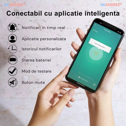 Detector Fum si Monoxid de Carbon Smart 2-in-1 Wi-Fi, MIANDREE®, Baterie 10 Ani, Alarma 85 dB, Compatibil Smart Life/Tuya, Instalare Rapida, Wireless, Ultra-Subtire, Avertizare Sonora si Luminoasa, Material antiinflamator, Alb