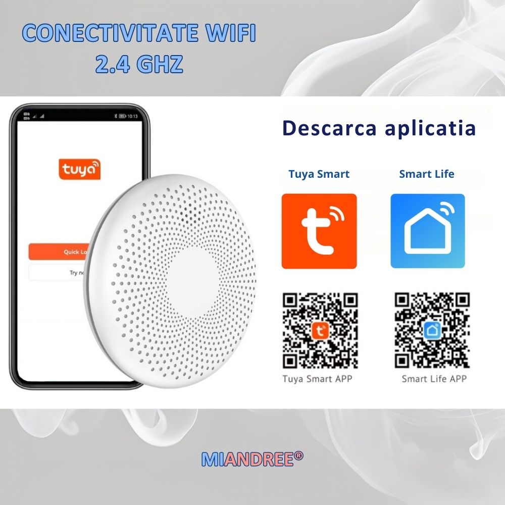 Detector Fum si Monoxid de Carbon Smart 2-in-1 Wi-Fi, MIANDREE®, Baterie 10 Ani, Alarma 85 dB, Compatibil Smart Life/Tuya, Instalare Rapida, Wireless, Ultra-Subtire, Avertizare Sonora si Luminoasa, Material antiinflamator, Alb