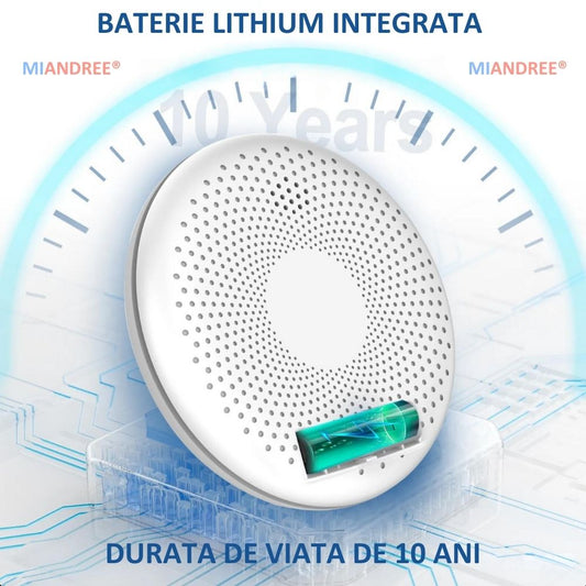 Detector Fum si Monoxid de Carbon Smart 2-in-1 Wi-Fi, MIANDREE®, Baterie 10 Ani, Alarma 85 dB, Compatibil Smart Life/Tuya, Instalare Rapida, Wireless, Ultra-Subtire, Avertizare Sonora si Luminoasa, Material antiinflamator, Alb