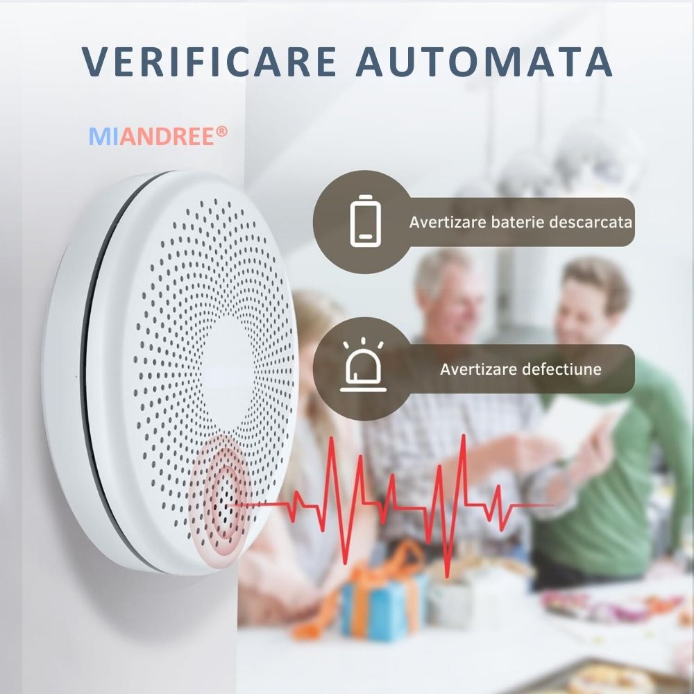 Detector Fum si Monoxid de Carbon Smart 2-in-1 Wi-Fi, MIANDREE®, Baterie 10 Ani, Alarma 85 dB, Compatibil Smart Life/Tuya, Instalare Rapida, Wireless, Ultra-Subtire, Avertizare Sonora si Luminoasa, Material antiinflamator, Alb
