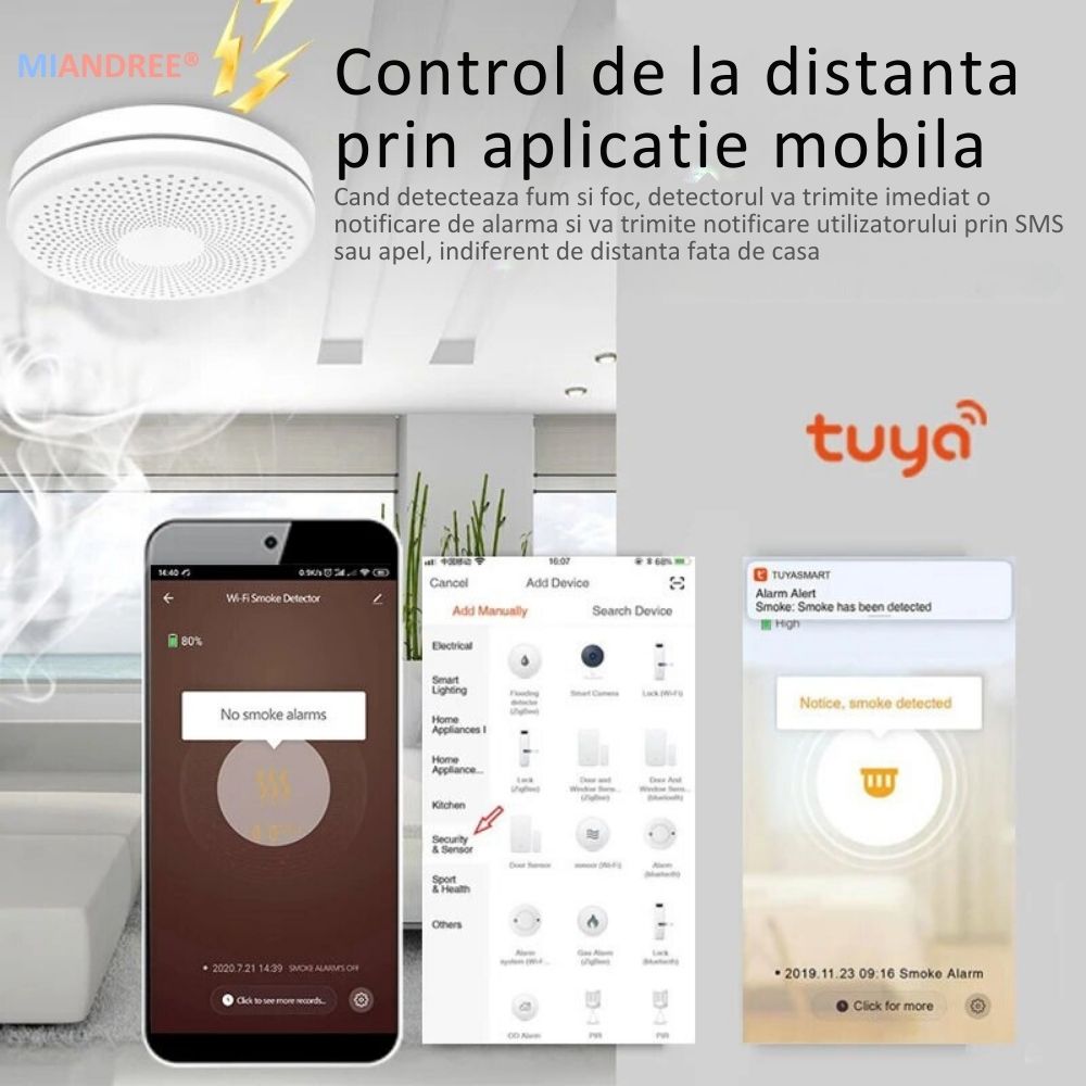 Detector Fum si Monoxid de Carbon Smart 2-in-1 Wi-Fi, MIANDREE®, Baterie 10 Ani, Alarma 85 dB, Compatibil Smart Life/Tuya, Instalare Rapida, Wireless, Ultra-Subtire, Avertizare Sonora si Luminoasa, Material antiinflamator, Alb