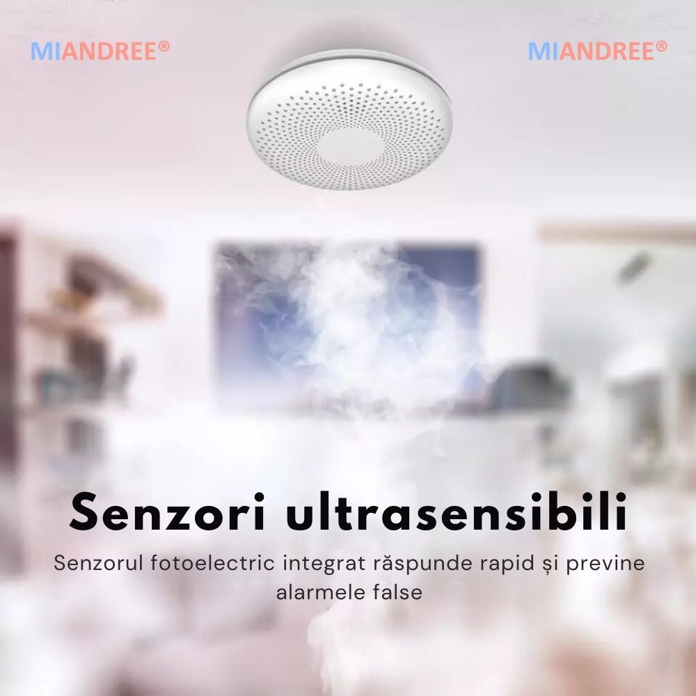 Detector Fum si Monoxid de Carbon Smart 2-in-1 Wi-Fi, MIANDREE®, Baterie 10 Ani, Alarma 85 dB, Compatibil Smart Life/Tuya, Instalare Rapida, Wireless, Ultra-Subtire, Avertizare Sonora si Luminoasa, Material antiinflamator, Alb