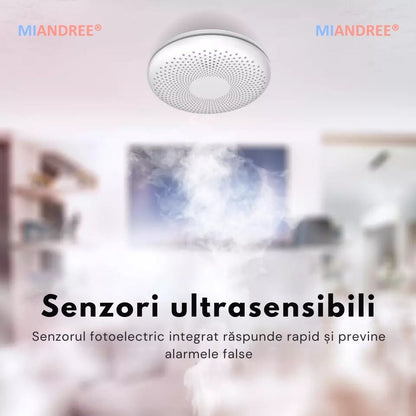 Detector Fum si Monoxid de Carbon Smart 2-in-1 Wi-Fi, MIANDREE®, Baterie 10 Ani, Alarma 85 dB, Compatibil Smart Life/Tuya, Instalare Rapida, Wireless, Ultra-Subtire, Avertizare Sonora si Luminoasa, Material antiinflamator, Alb