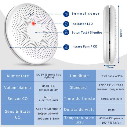 Detector Fum si Monoxid de Carbon Smart 2-in-1 Wi-Fi, MIANDREE®, Baterie 10 Ani, Alarma 85 dB, Compatibil Smart Life/Tuya, Instalare Rapida, Wireless, Ultra-Subtire, Avertizare Sonora si Luminoasa, Material antiinflamator, Alb