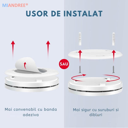 Detector Fum si Monoxid de Carbon Smart 2-in-1 Wi-Fi, MIANDREE®, Baterie 10 Ani, Alarma 85 dB, Compatibil Smart Life/Tuya, Instalare Rapida, Wireless, Ultra-Subtire, Avertizare Sonora si Luminoasa, Material antiinflamator, Alb