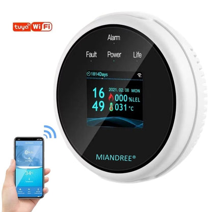Detector Wi-Fi pentru Gaz Natural si GPL, Smart, Semnal Luminos si Acustic, Senzor de Temperatura, Control prin Aplicatia TUYA, Alerta pe Telefon, Ecran LCD, Prelevare prin Difuzie, MIANDREE®, Alb