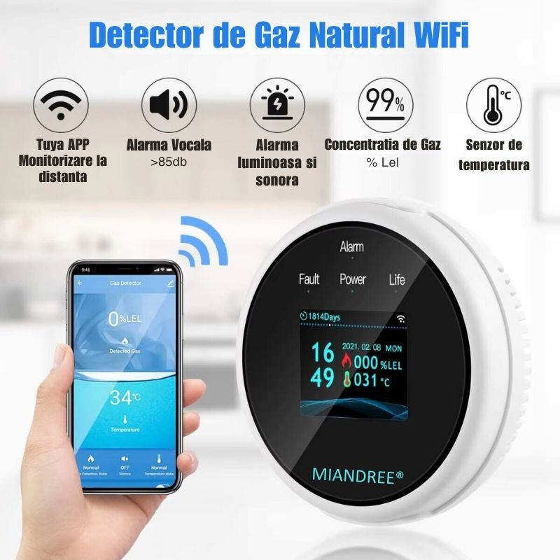 Detector Wi-Fi pentru Gaz Natural si GPL, Smart, Semnal Luminos si Acustic, Senzor de Temperatura, Control prin Aplicatia TUYA, Alerta pe Telefon, Ecran LCD, Prelevare prin Difuzie, MIANDREE®, Alb