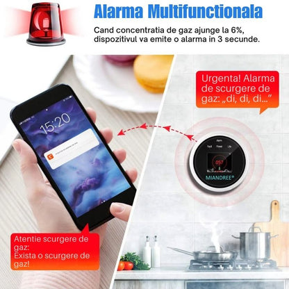 Detector Wi-Fi pentru Gaz Natural si GPL, Smart, Semnal Luminos si Acustic, Senzor de Temperatura, Control prin Aplicatia TUYA, Alerta pe Telefon, Ecran LCD, Prelevare prin Difuzie, MIANDREE®, Alb