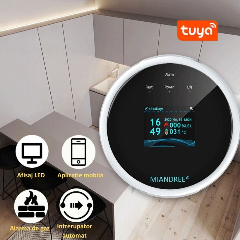 Detector Wi-Fi pentru Gaz Natural si GPL, Smart, Semnal Luminos si Acustic, Senzor de Temperatura, Control prin Aplicatia TUYA, Alerta pe Telefon, Ecran LCD, Prelevare prin Difuzie, MIANDREE®, Alb