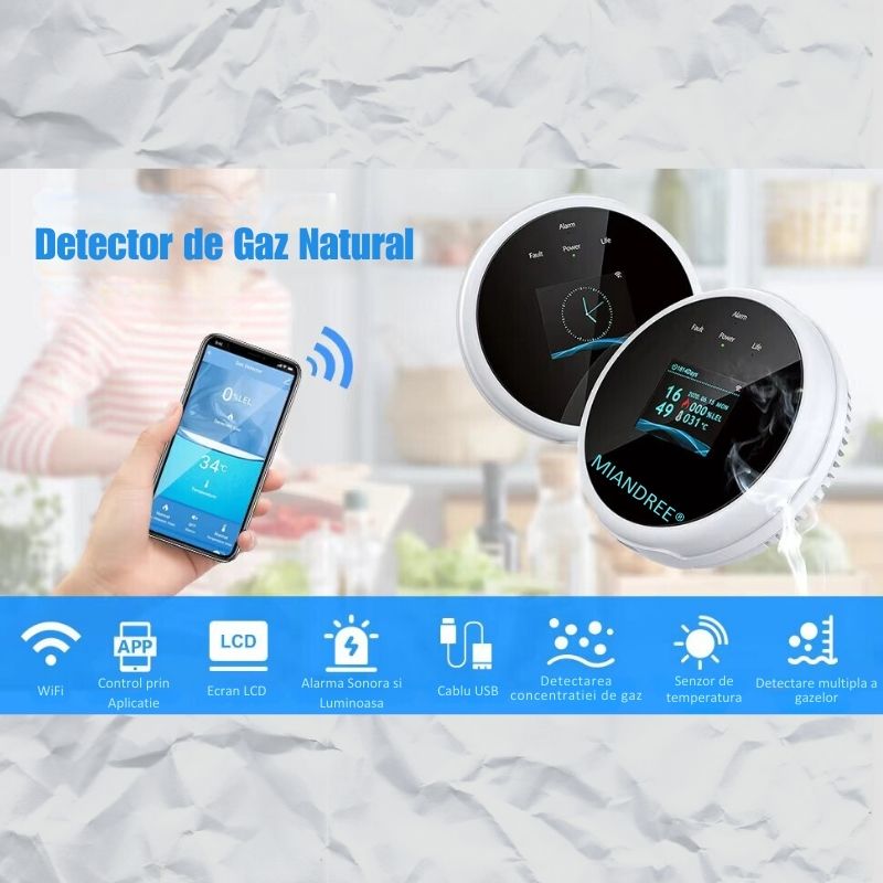 Detector Wi-Fi pentru Gaz Natural si GPL, Smart, Semnal Luminos si Acustic, Senzor de Temperatura, Control prin Aplicatia TUYA, Alerta pe Telefon, Ecran LCD, Prelevare prin Difuzie, MIANDREE®, Alb